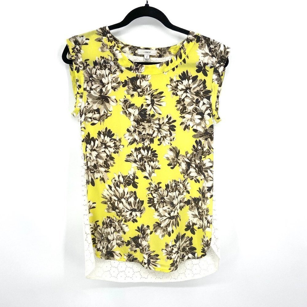 J. CREW Yellow Gray Floral Print Silk Front Eyelet Back Sleeveless Blouse Size 0